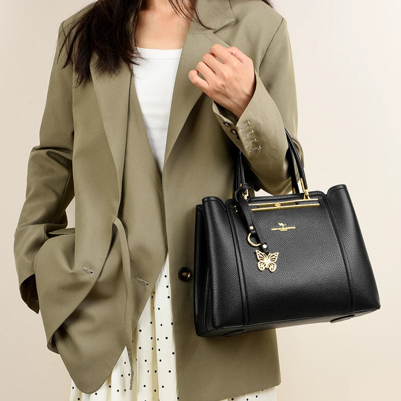 Luxury Genuine Leather 3-Layer Tote Bag – Large Capacity Crossbody Shoulder Bag for Women