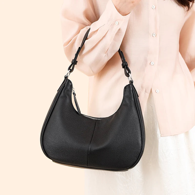 100% Genuine Cowhide Leather Half-Moon Underarm Tote Bag – Crossbody Shoulder Bag for Women