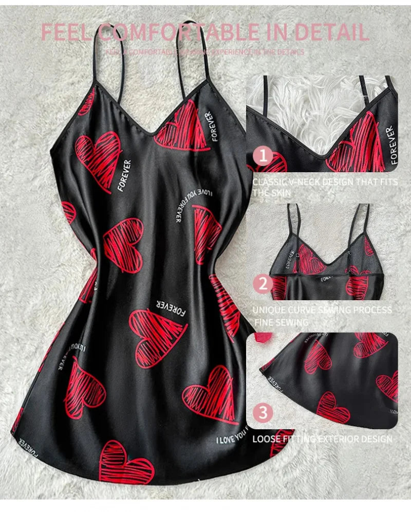 Red Lip Print Satin Slip Nightdress — V-Neck Backless Mini Sleep Dress
