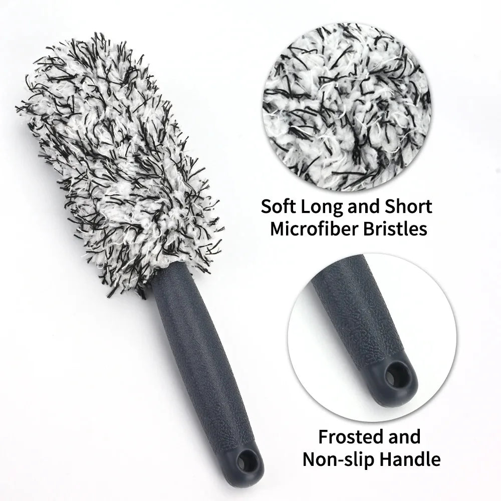 Plush Car Wheel & Rim Brush – Premium Non-Slip Handle for Cleaning Spokes, Barrels & Rims