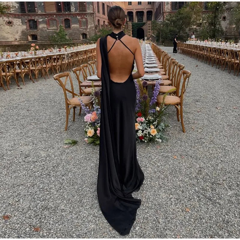 Sexy Satin Halter Backless Party Dress – Off Shoulder Sleeveless Solid Robe Gown 2026