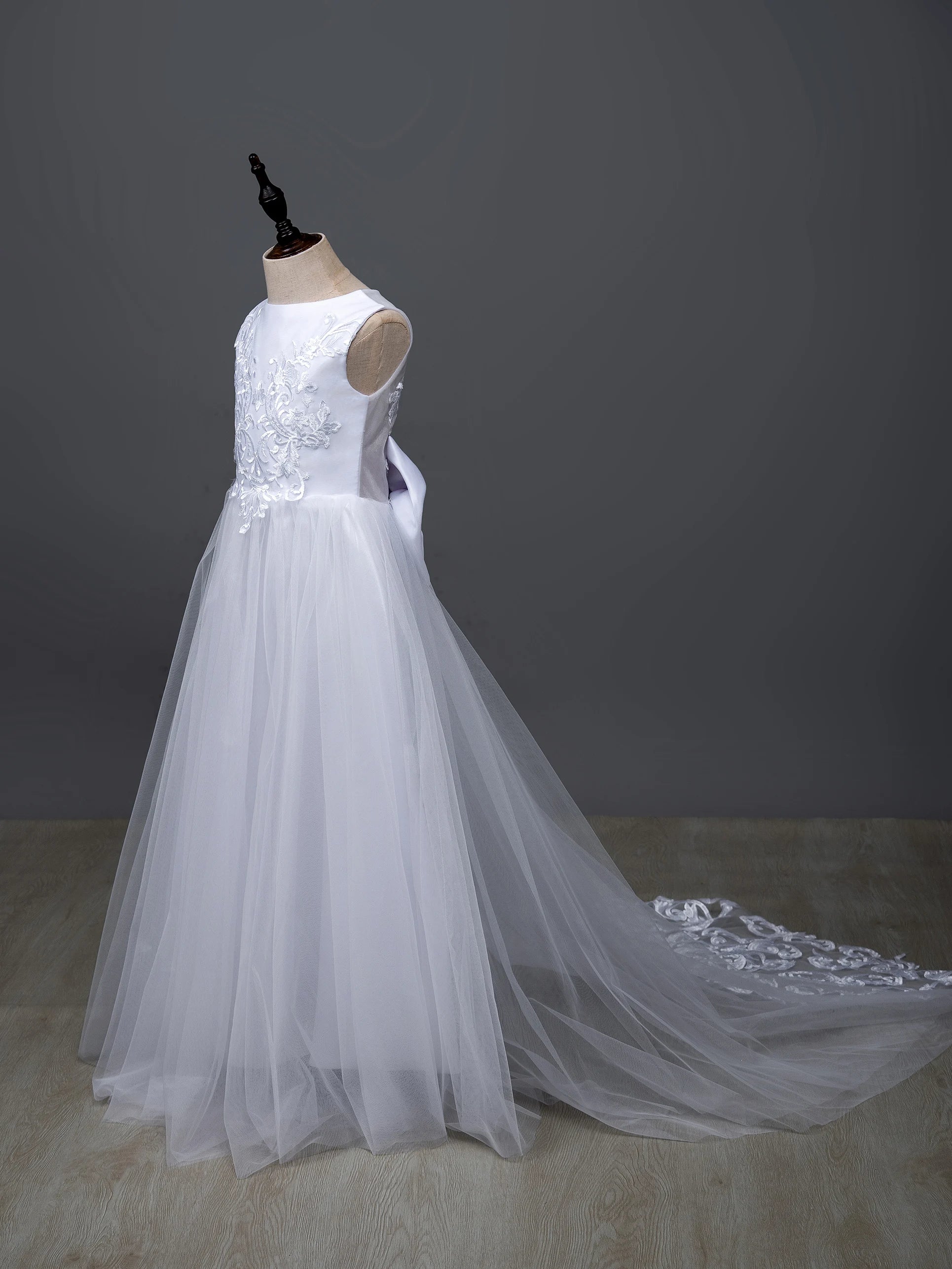 Long Sleeve Flower Girl Dress — White Lace Tulle First Communion & Bridesmaid Dress