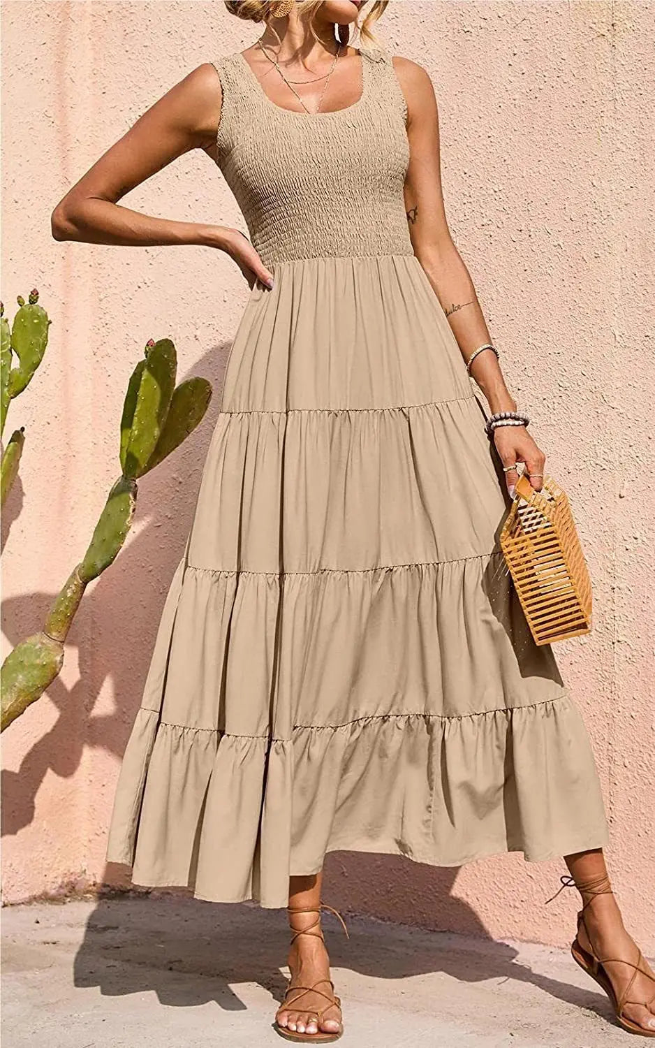 Elastic Waist Big Swing Floral Beach Party Long Dress — Sleeveless Elegant Summer Dress