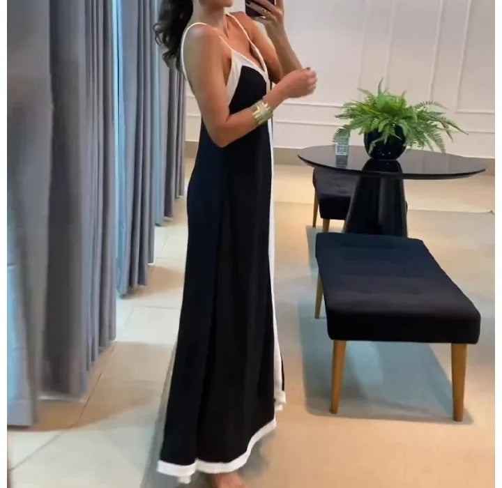 Black & White Contrast V-Neck Sleeveless Loose Long Dress — Elegant Casual Summer Dress