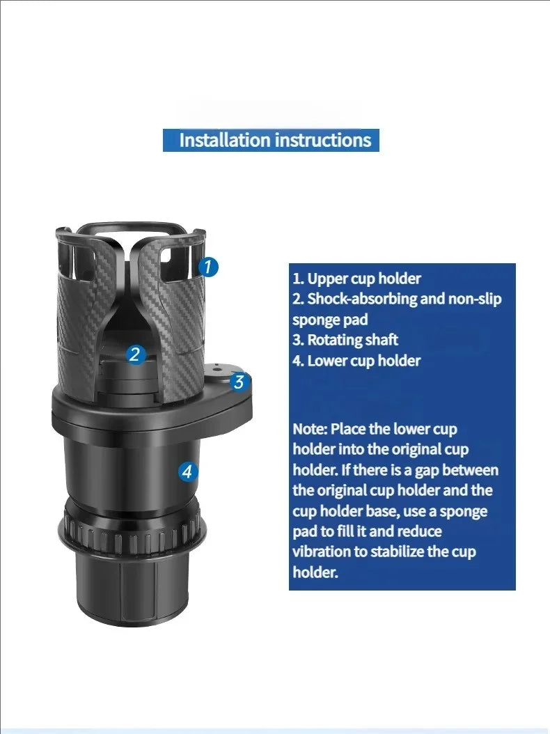 Installation instructions diagram showing a black mechanical cup holder component with numbered callouts and a blue text box explaining how to place the lower cup holder and use the shock-absorbing pad.