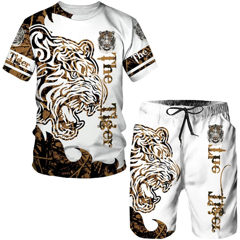 Men's 3D Tiger Print Short Sleeve T-Shirt & Shorts Set – Casual Sportswear