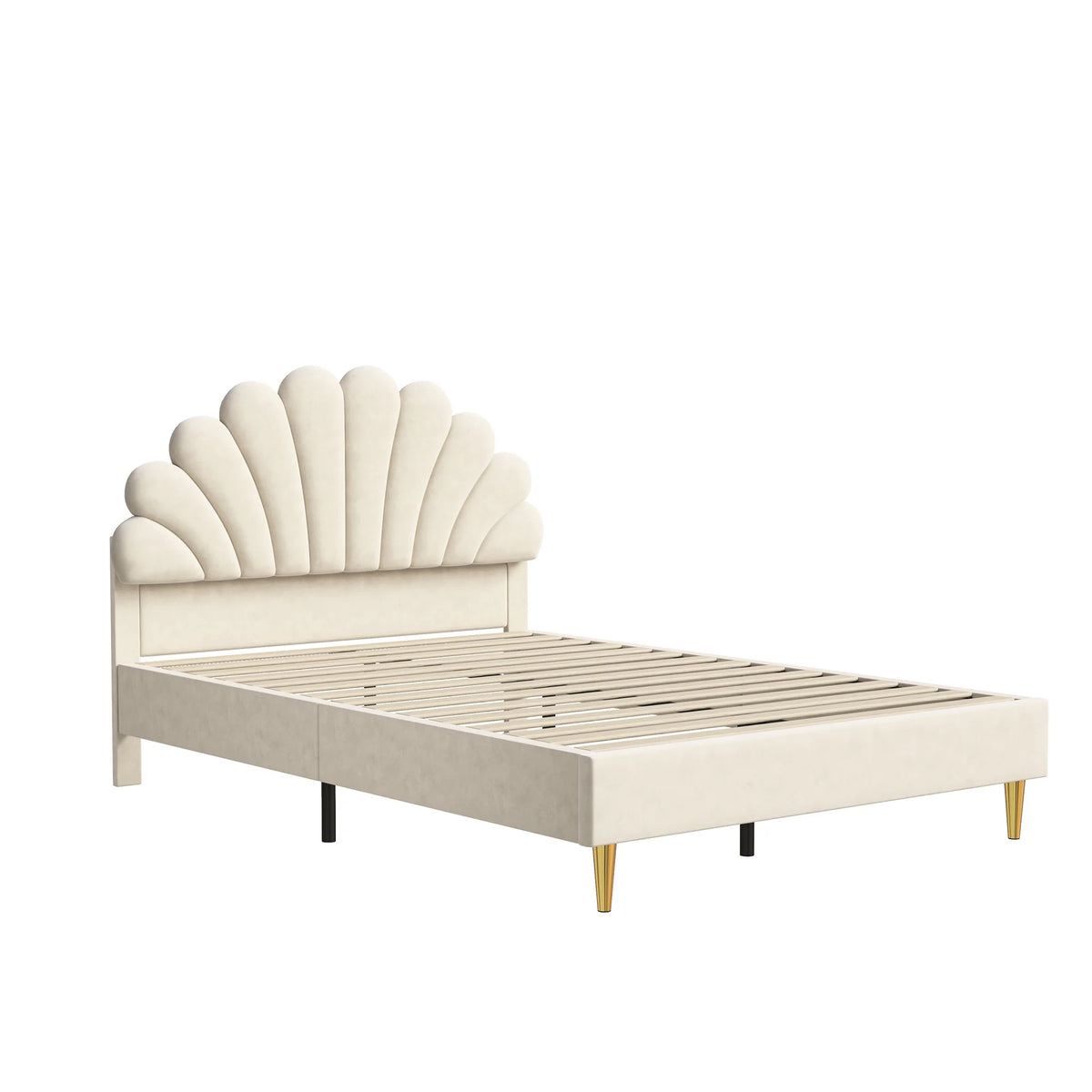 Elegant Upholstered Double Bed Frame – Flower-Shaped Headboard, Velvet Cover, 140x200cm, No Mattress