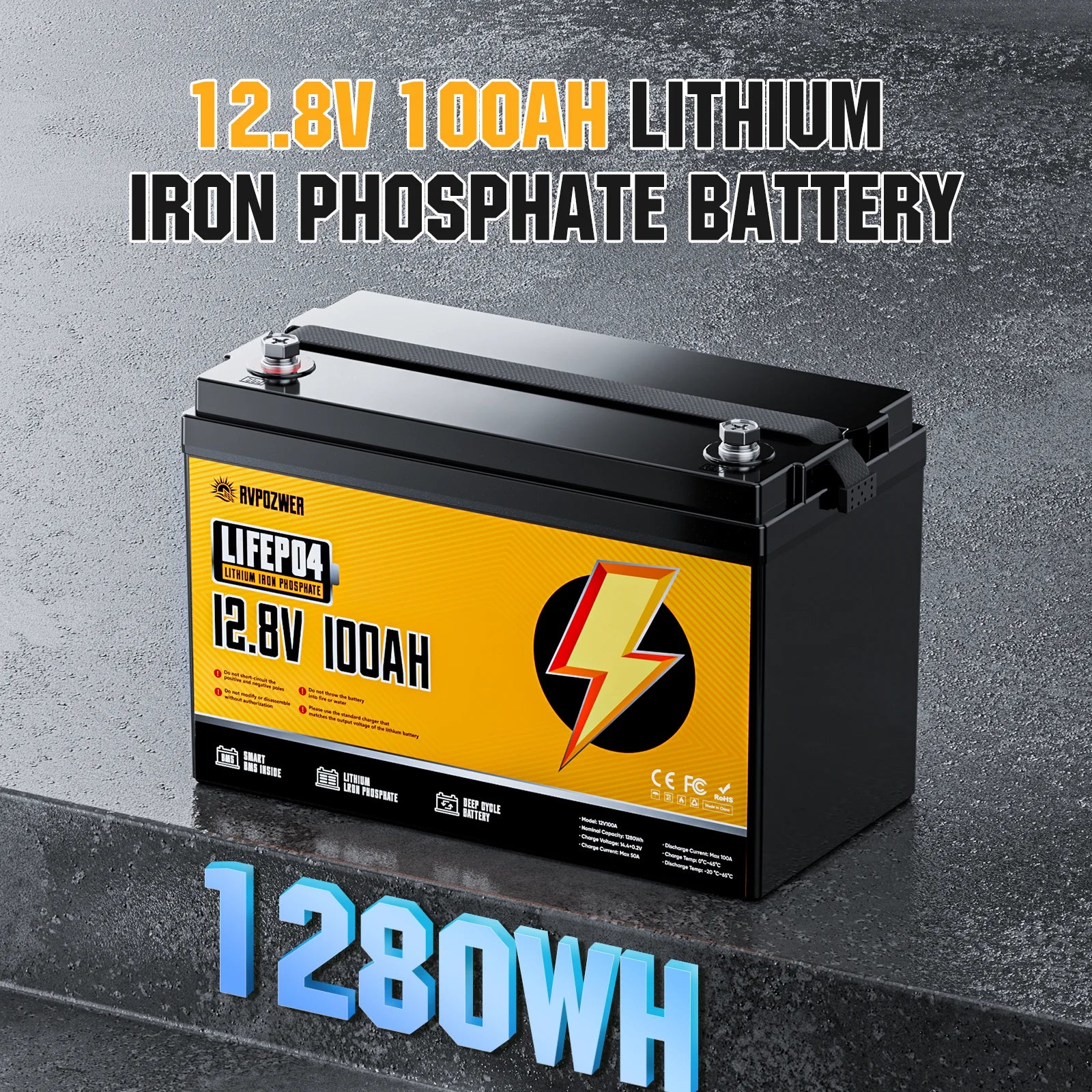 RVPOZWER 12V 100Ah LiFePO4 Lithium Battery — 1280Wh, 100A BMS, 6000+ Cycles, Solar & RV Power