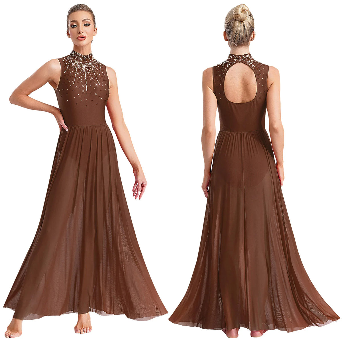 Rhinestone Maxi Sleeveless Contemporary Dance Dress — Mock Neck Wide Hemline Lyrical Leotard