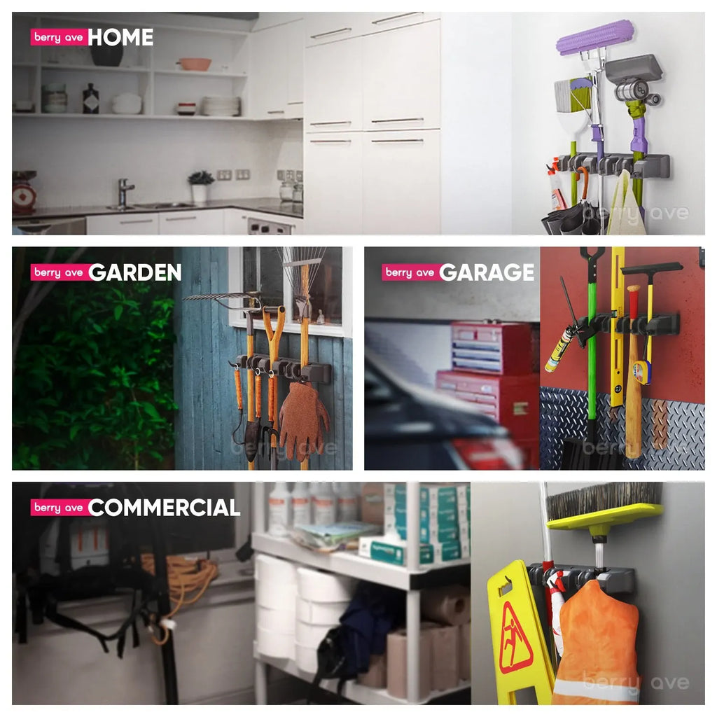 Wall Mounted Mop & Broom Holder — 3/4/5 Position Multi-Functional Storage Rack