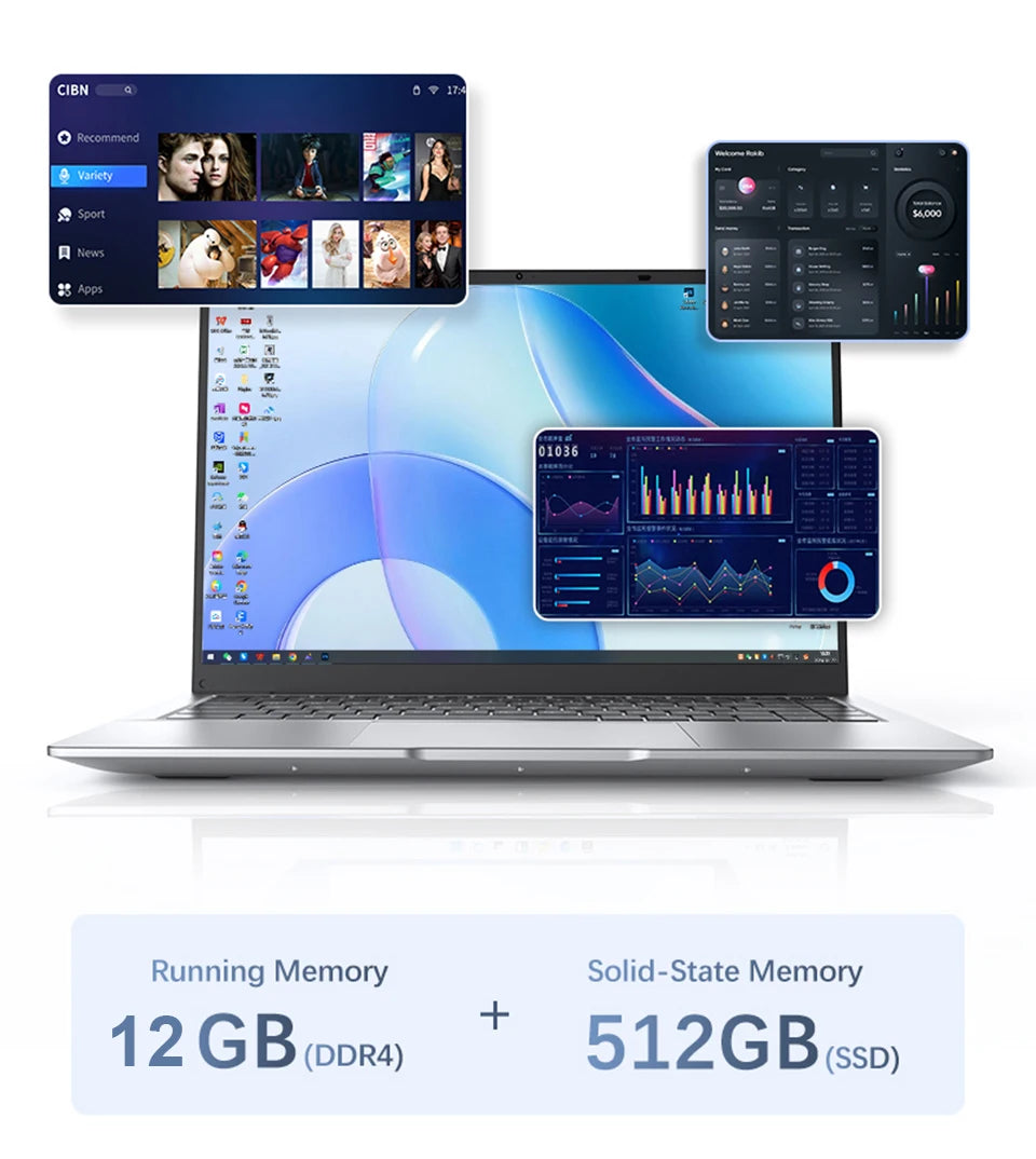 14.1" Intel Atom A3950 Ultra Slim Laptop – 12GB DDR3, Up to 2TB SSD, Windows 11 Pro