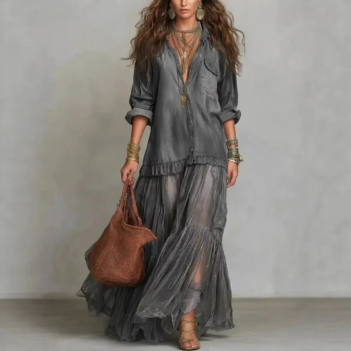 Denim Dress Women Dresses A Line Turn Down Collar Full Sleeve Ruffled Vintage Elegant Mesh Splice Work Causl Y2k Streetwear 2026