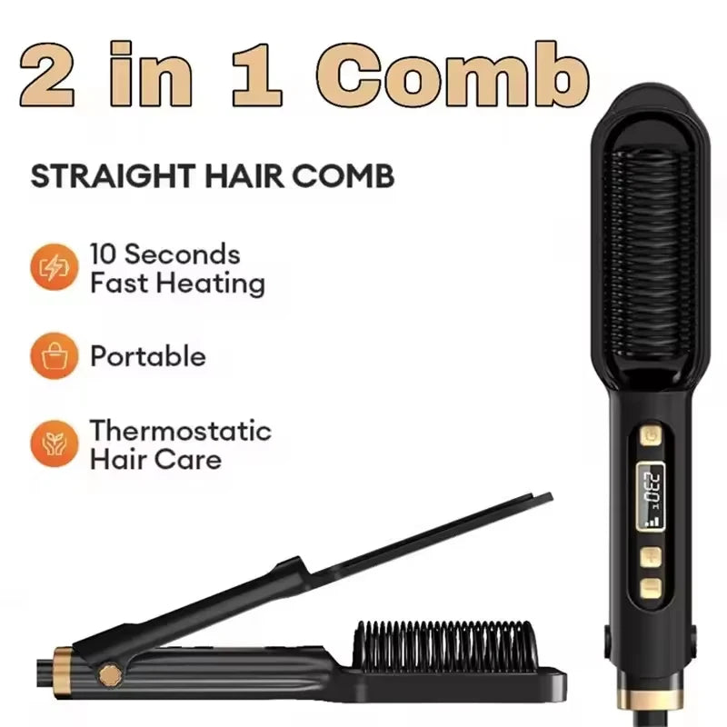 Anti-Scald 2-in-1 Electric Hair Straightening Comb – Fast Heating Negative Ion Straightener Brush