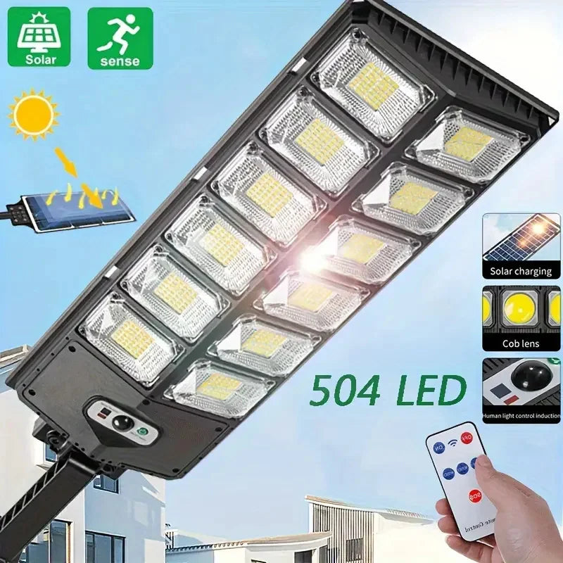 504LED Ultra-Bright Solar Street Light — Motion Sensor, Remote Control, Dimmable, Waterproof