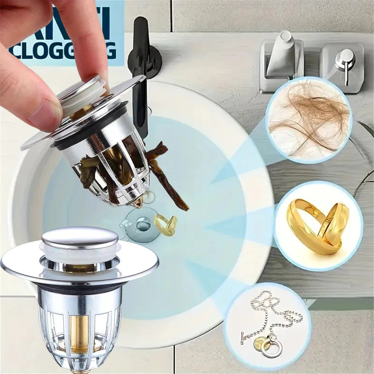 No More Clogged Drains — Pop-Up Chrome Sink Drain Stopper | Universal Rebound Filter with Hair Catcher, Easy Push Type