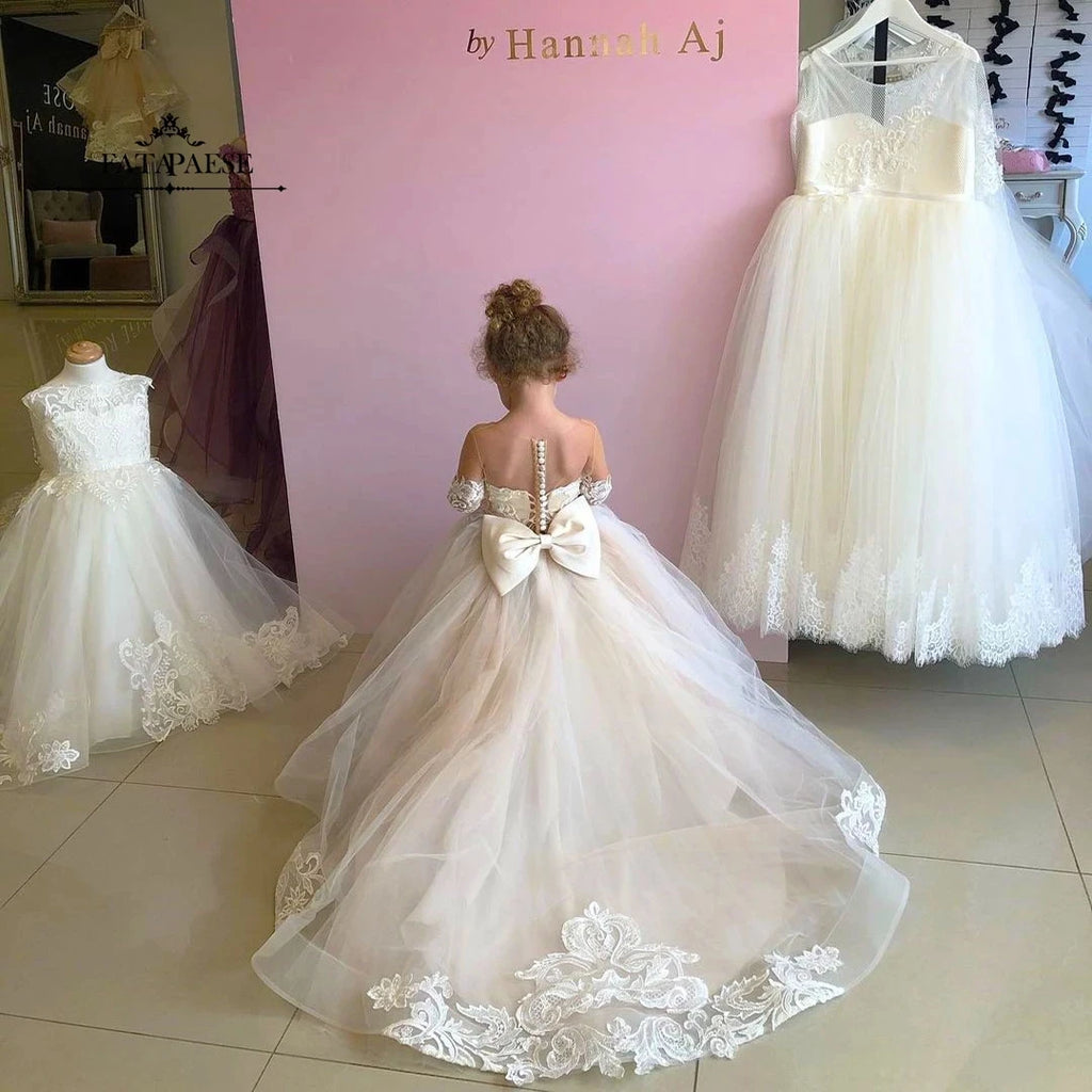 Long Sleeve Flower Girl Dress — White Lace Tulle First Communion & Bridesmaid Dress