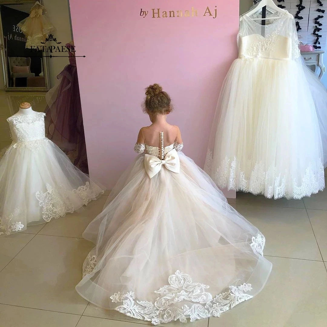 Long Sleeve Flower Girl Dress — White Lace Tulle First Communion & Bridesmaid Dress