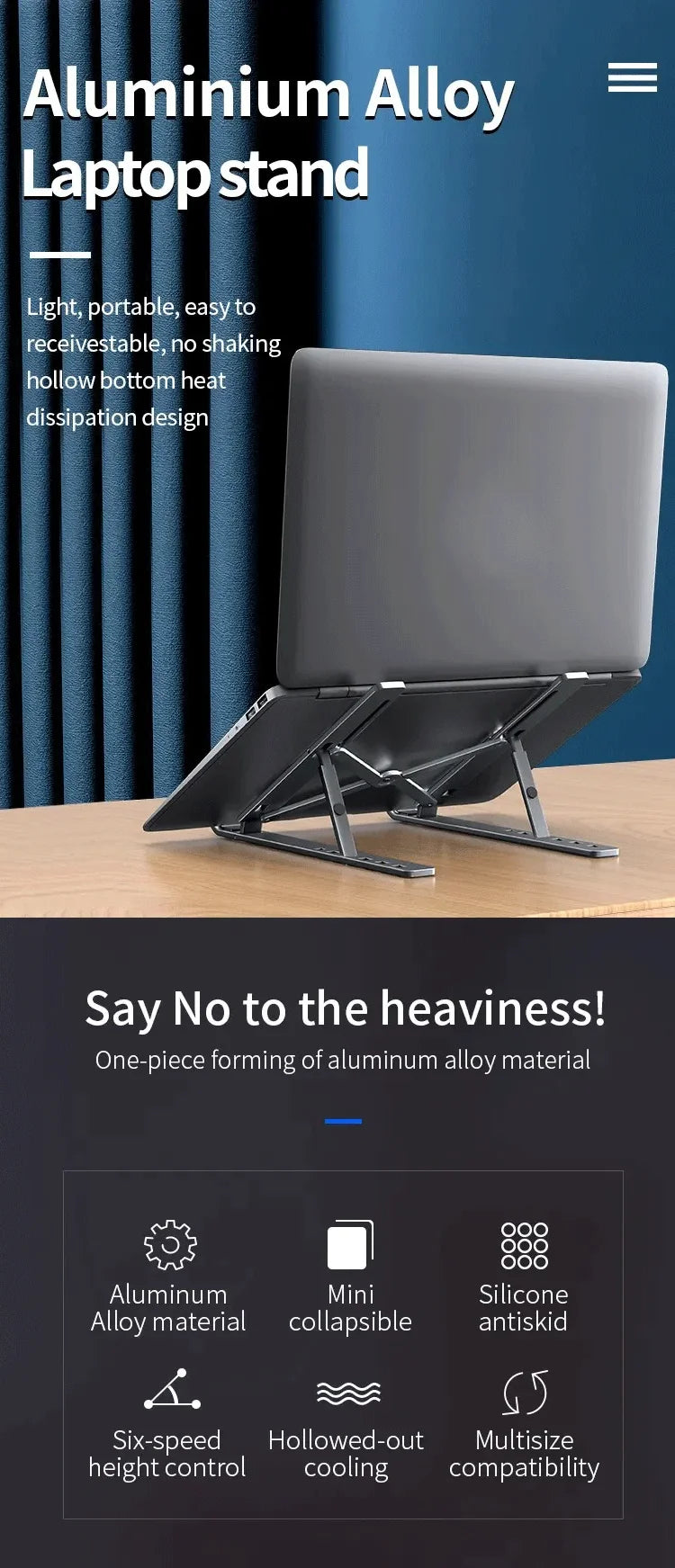 Aluminum Alloy Foldable Laptop Stand | Anti-Slip, Height-Adjustable, Portable, Compatible with MacBook & All Laptops