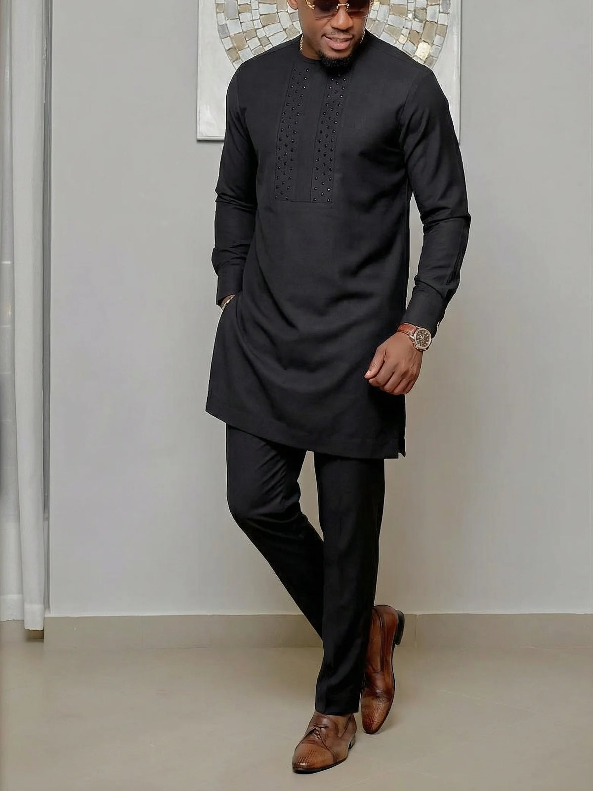 Men's African Kaunda Kaftan Long Sleeve Top & Pants 2-Piece Suit – Traditional Ethnic Wear