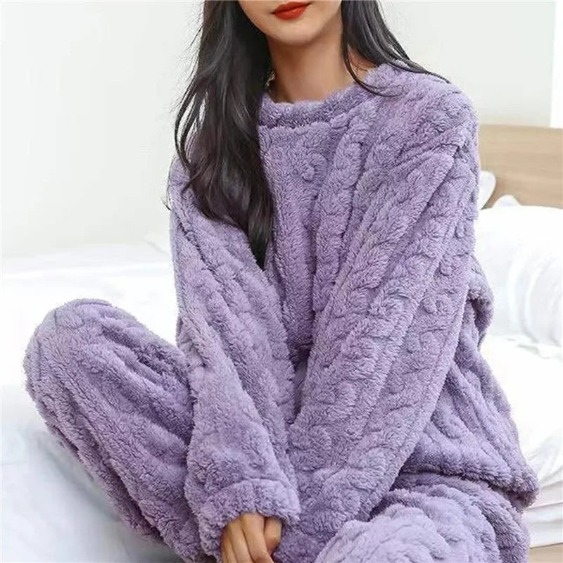 Women's Winter Plush Fleece Pajama Set – Thick Warm Jacquard Loungewear, 6 Colors