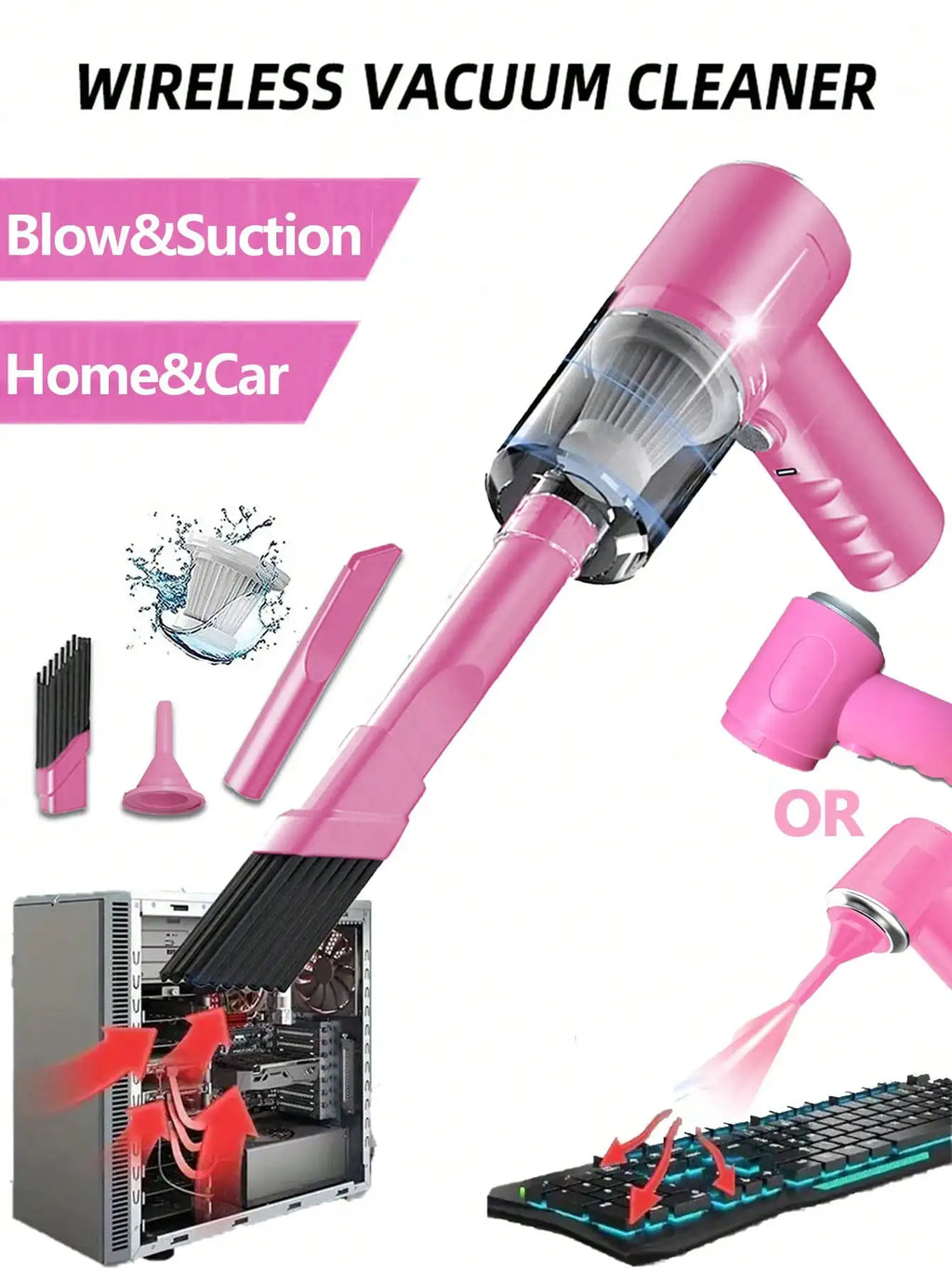 3-in-1 Suction & Blowing Vacuum Cleaner — USB Charging Portable Car & Home Vacuum with 3 Blow Nozzles