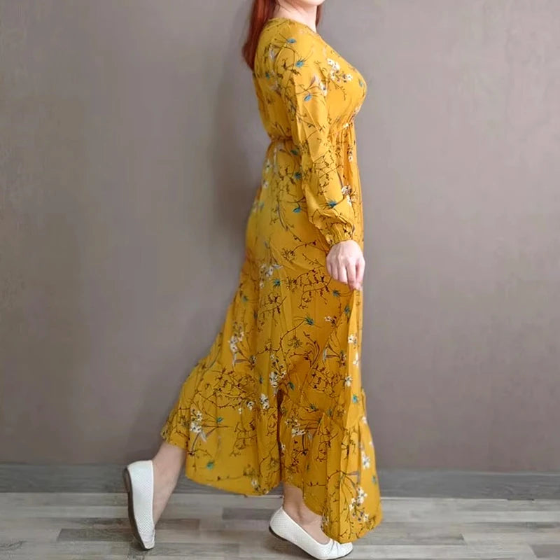 Women Long Dresses Spring Summer Casual Full Sleeve Floral geometry Printed O neck Woman Bohe Beach Party Dress Mujer Vestidos