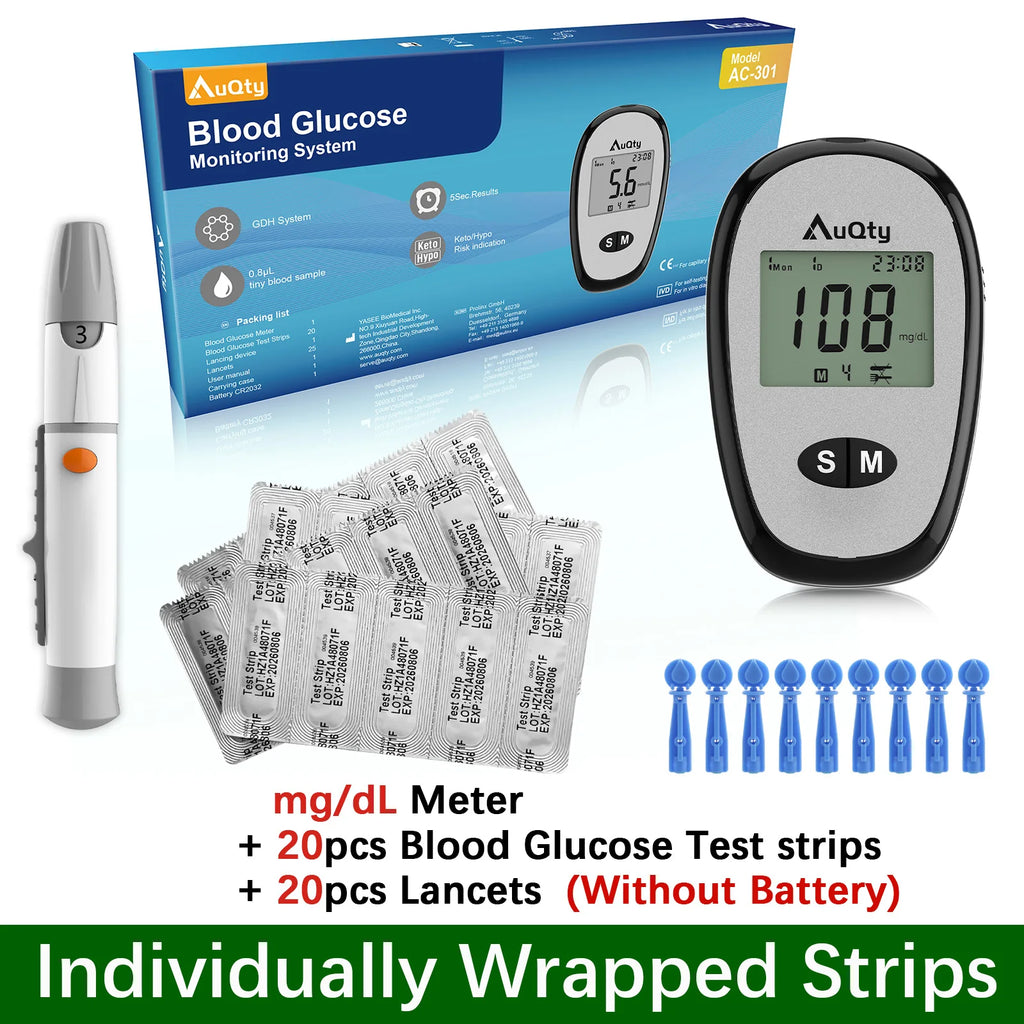 Wcore AC-301 Blood Glucose Meter Kit – Individually Wrapped Test Strips, Ketone Warning, mg/dL & mmol/L, 5-Second Results