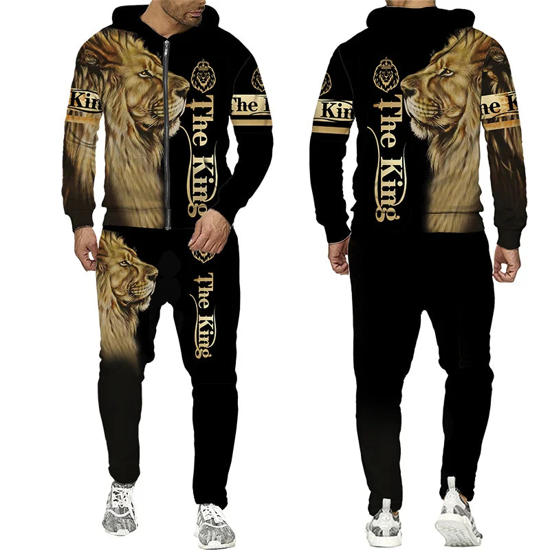 Men's 3D Lion Print Zip-Up Hoodie & Elastic Waist Pants Tracksuit Set
