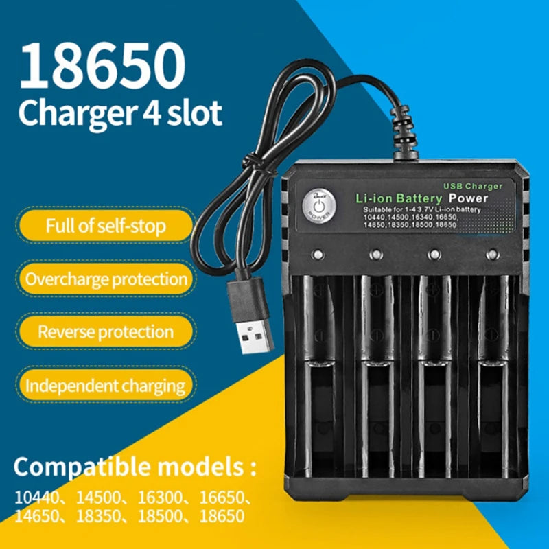 USB Li-ion Battery Charger – 2, 3 or 4 Slot Independent Charging for 18650, 18350 & 18500 Batteries