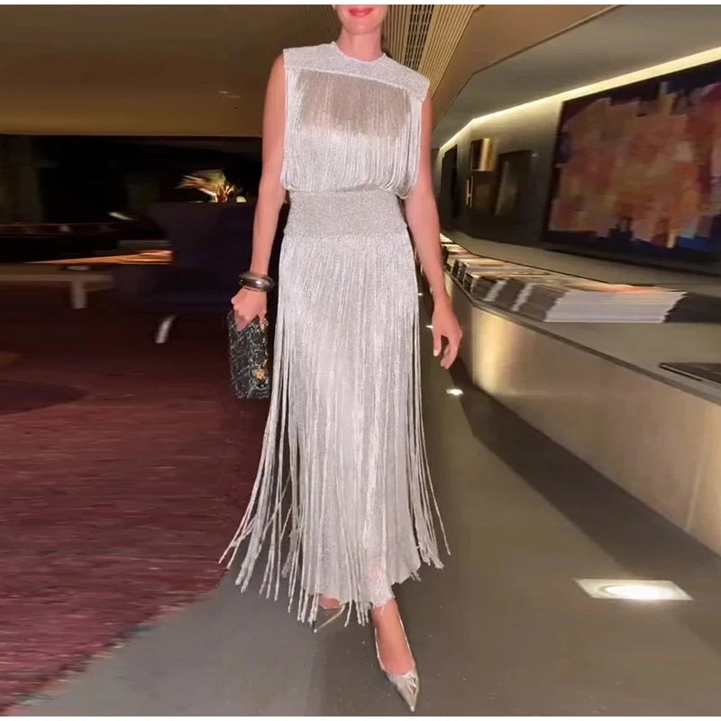 Sequin Tassel Evening Dress — Sleeveless O-Neck High Waist Slim Long Party Dress