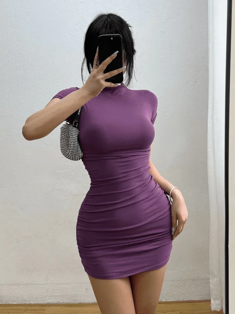High Collar Pleated Bodycon Mini Dress — Slim Fit Party Dress for Women
