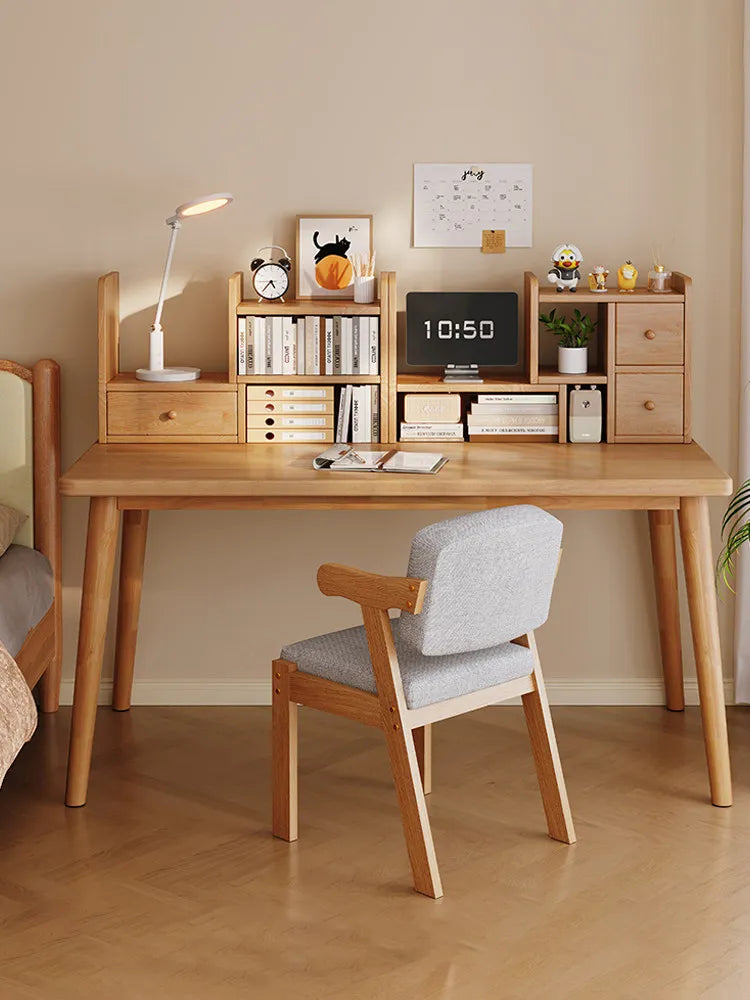 All Solid Wood Desk — L-Shape Pine Computer Desk with Bookshelf | Wall-Mounted Study Table