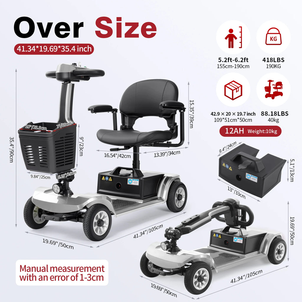 Foldable Travel Mobility Scooter for Seniors, Magnetic Brake