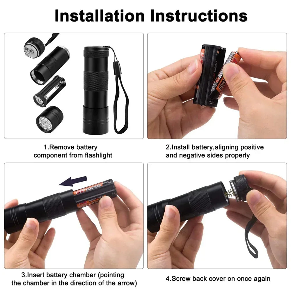 UV Blacklight Flashlight | 9/12 LED 395nm, Pet Urine & Stain Detector, Waterproof Aluminum, Batteries Not Included