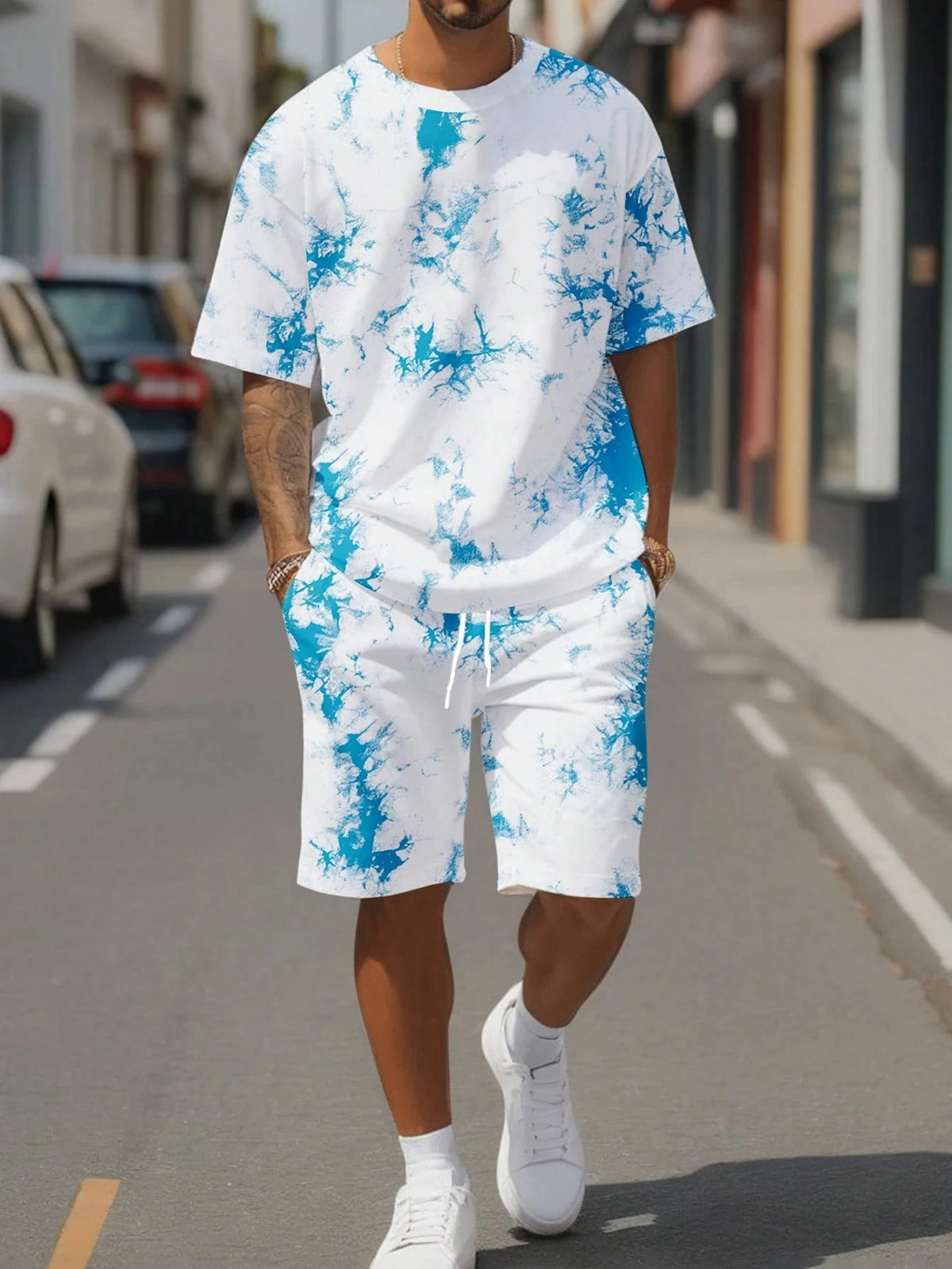 Men's Flower Graphic Print T-Shirt & Elastic Waist Shorts Casual Two-Piece Set