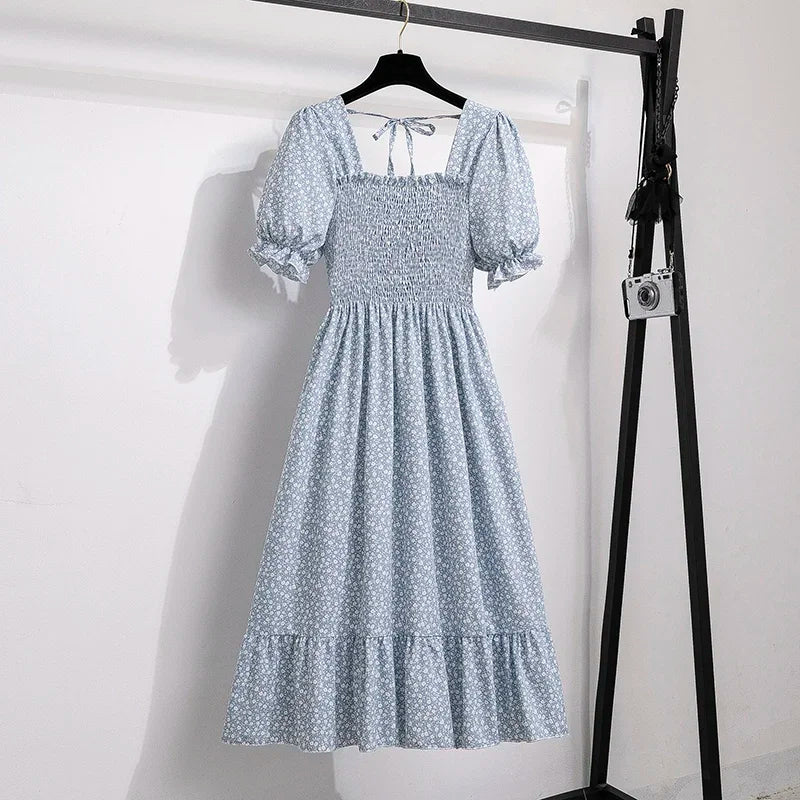 Chiffon A-Line Midi Dress — Elastic Waist Short Sleeve Casual Dress