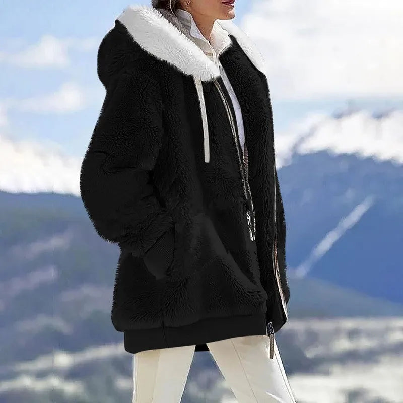 Women's Hooded Zip-Up Fleece Jacket – Loose Casual Solid Color Coat