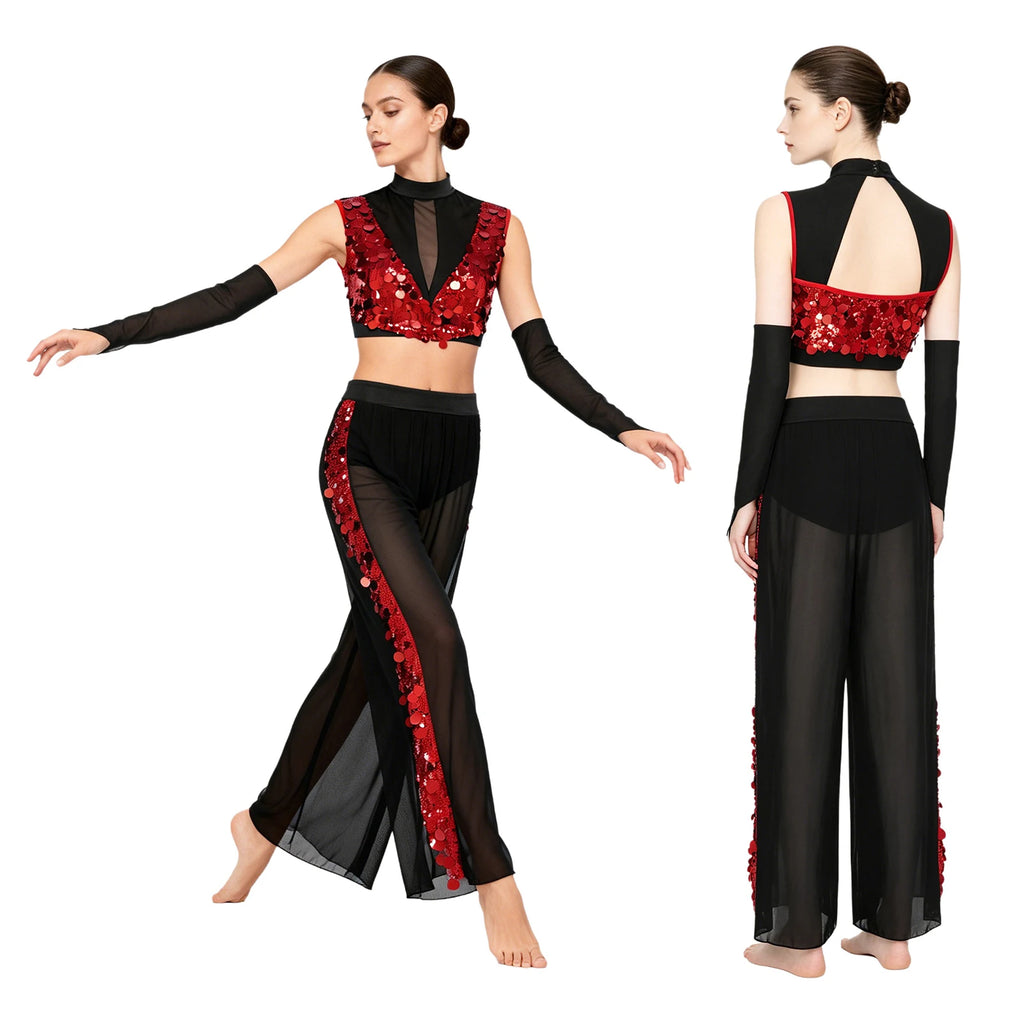 Women's Dance Performance Costume – Shiny Crop Top & Sheer Pants for Skating, Gymnastics & Ballet