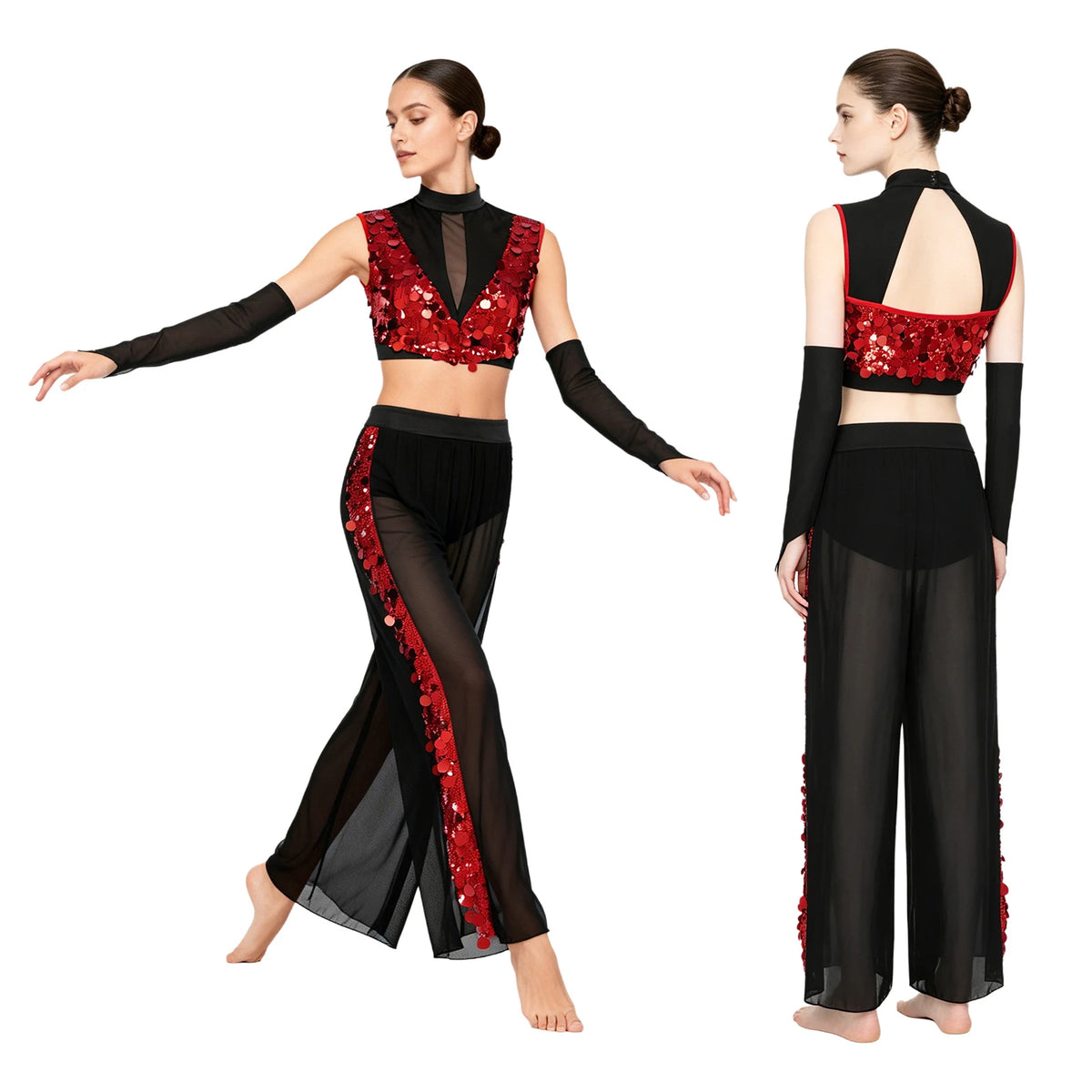 Women's Dance Performance Costume – Shiny Crop Top & Sheer Pants for Skating, Gymnastics & Ballet