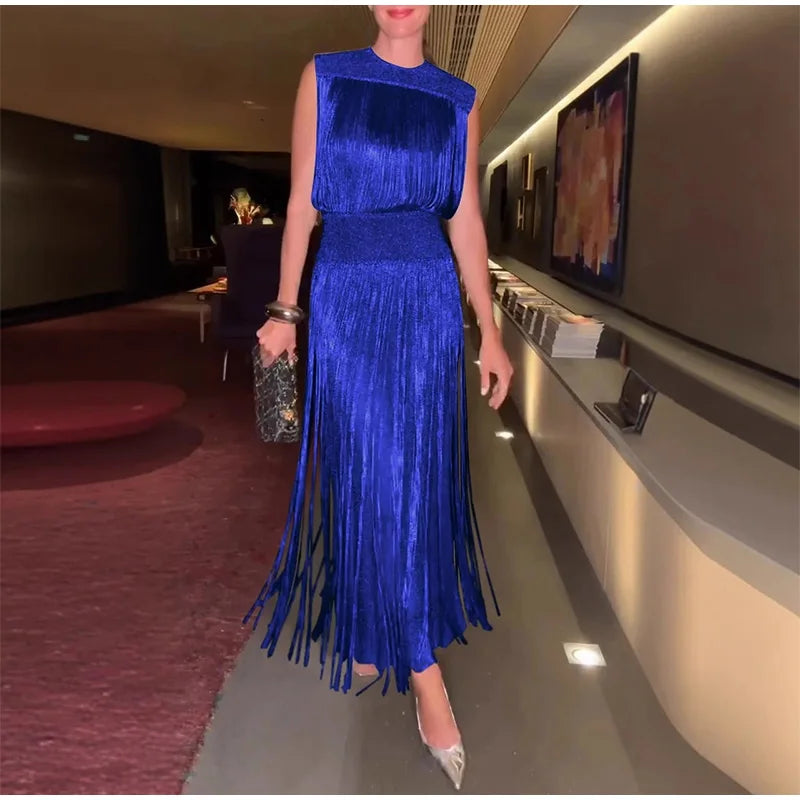 Sequin Tassel Evening Dress — Sleeveless O-Neck High Waist Slim Long Party Dress
