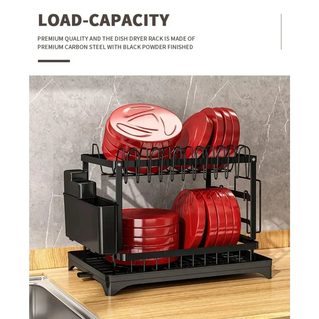 2-Tier 360° Rotating Dish Drying Rack — No-Drill Metal Kitchen Organizer with Utensil Holder & Drainboard