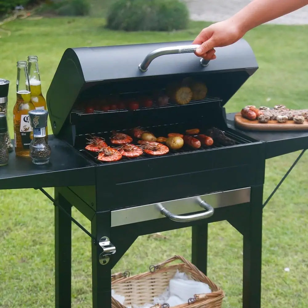 Dual-Side Table Charcoal Grill | 332 Sq. In. Cooking Area, Built-In Thermometer, 360° Wheels, Removable Ash Collector, Outdoor BBQ Smoker