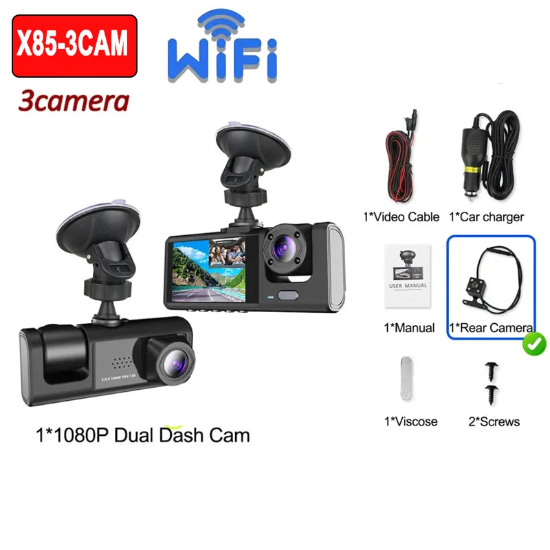 1080P 2/3-Lens WiFi Dash Cam – Front, Rear & Interior, Night Vision, G-Sensor, Loop Recording