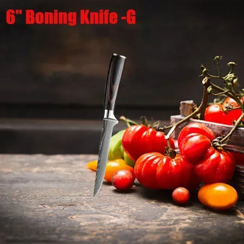 Damascus Kitchen Knife Set — Japanese Santoku, Cleaver, Slicing & Boning Knives
