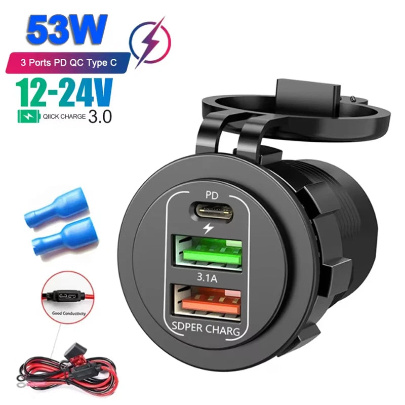Car USB Charger with Voltmeter – PD3.0 & QC3.0 Fast Charging Socket for Motorcycle, Boat & Auto (12/24V)