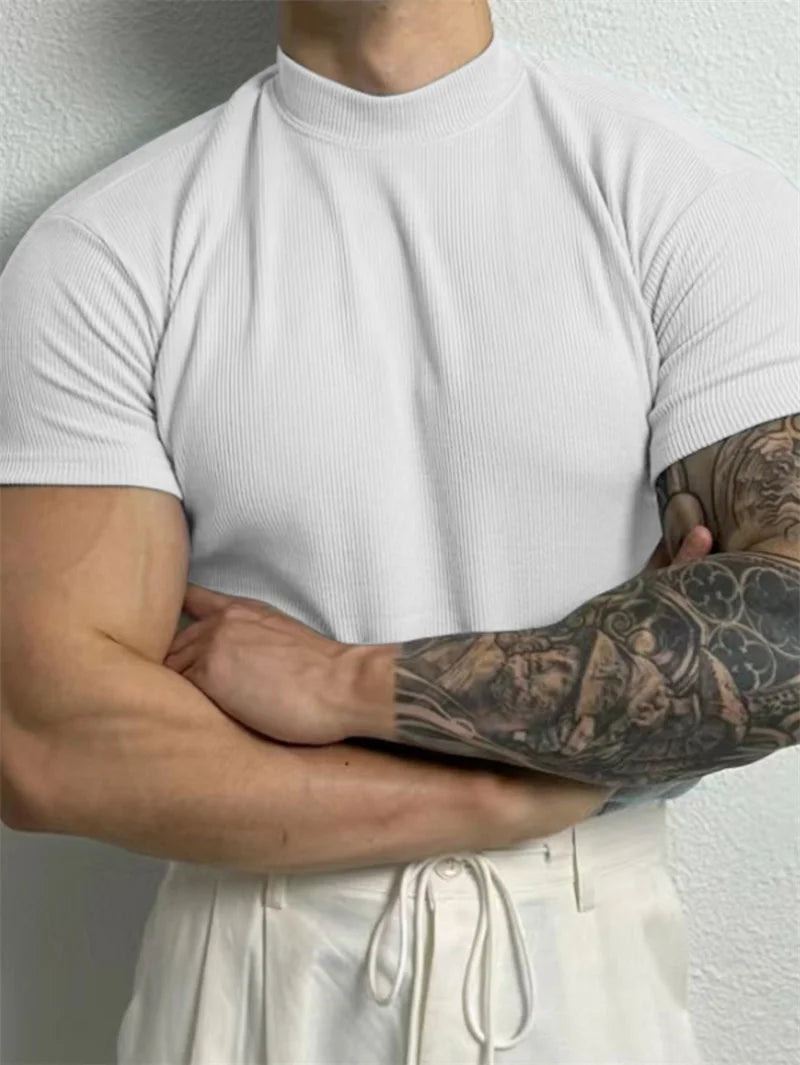 Men's Striped High Collar Short Sleeve Fitness Top — Athletic Training Shirt