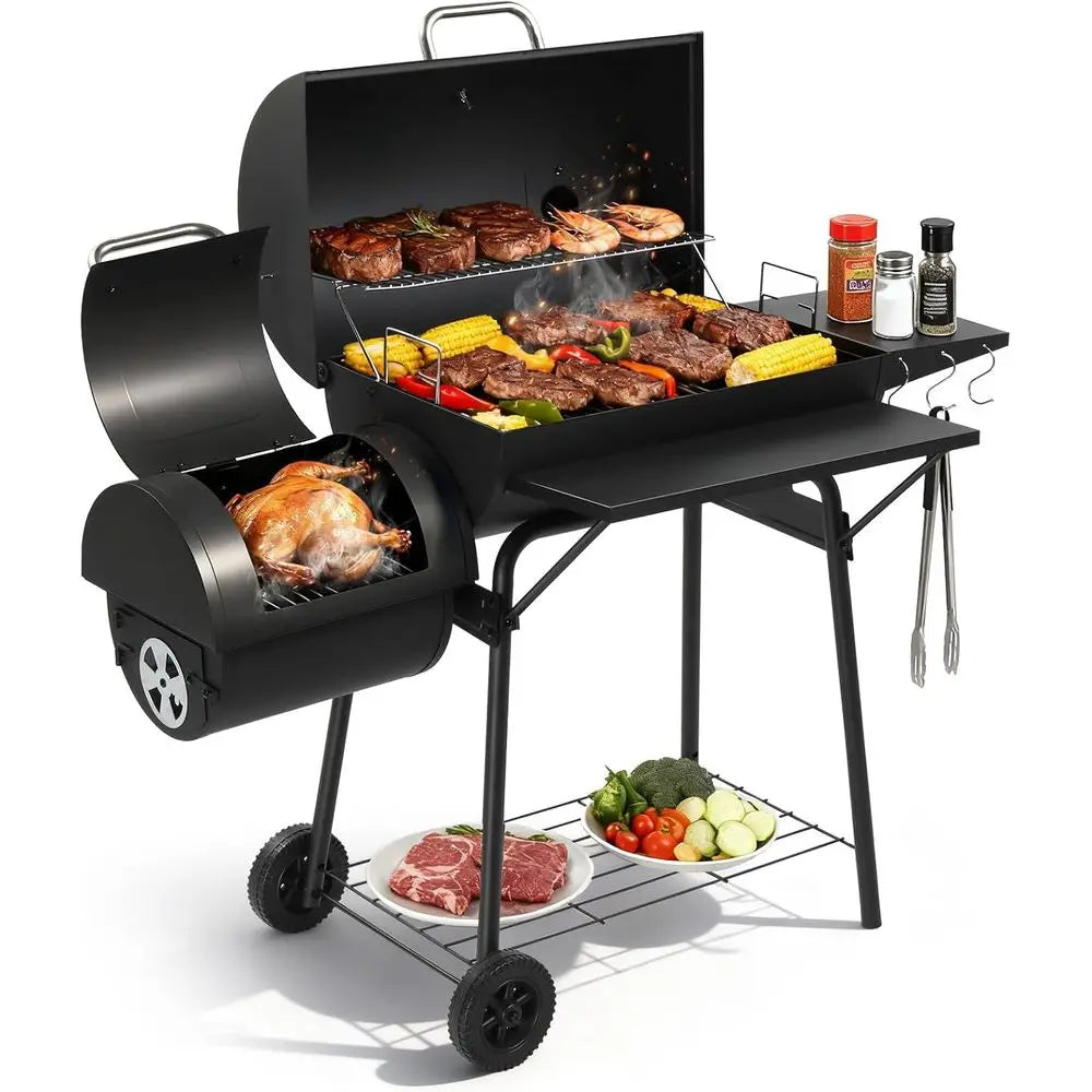 Large Outdoor Charcoal Smoker Grill Combo | 2-in-1 Grilling & Smoking, Built-in Ignition Mesh, Adjustable Vents, 52x44x20 In.
