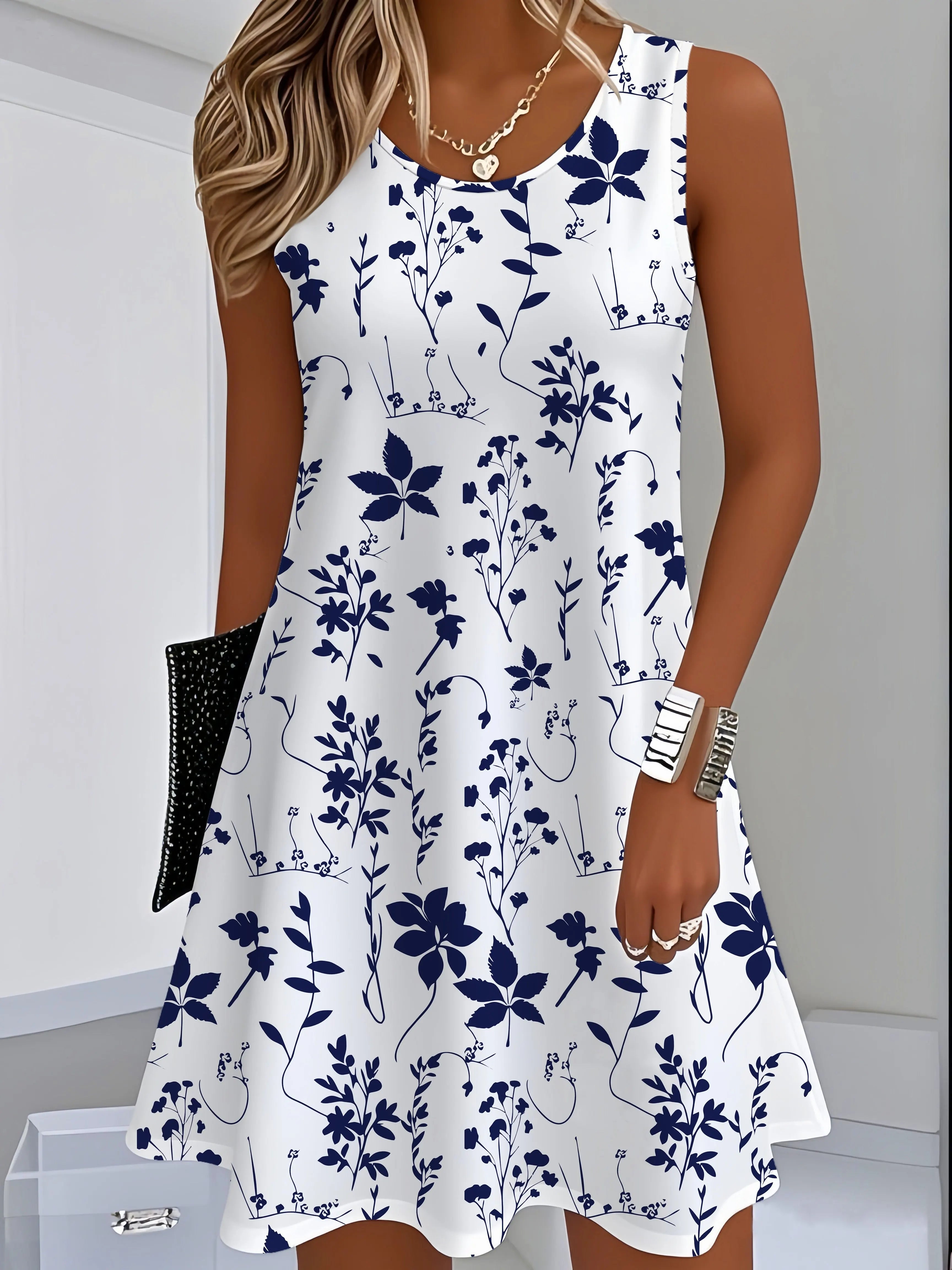 Women's Floral  Dress Navy Blue Floral Print White Dresses Woman Summer Oversized Female Clothing Y2k Clothes Woman Costume Tops