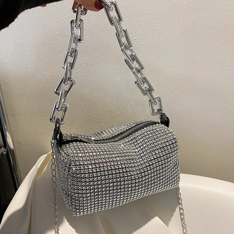 Rhinestone Glitter Mini Crossbody Bag – Chain Prom Purse Pillow Shoulder Bag for Women
