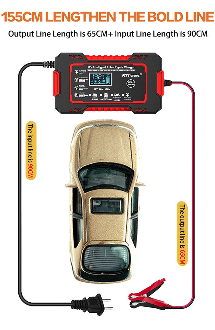 12V 6A Smart Car Battery Charger — LCD Touch Screen Pulse Repair for AGM, GEL & Lead Acid Batteries